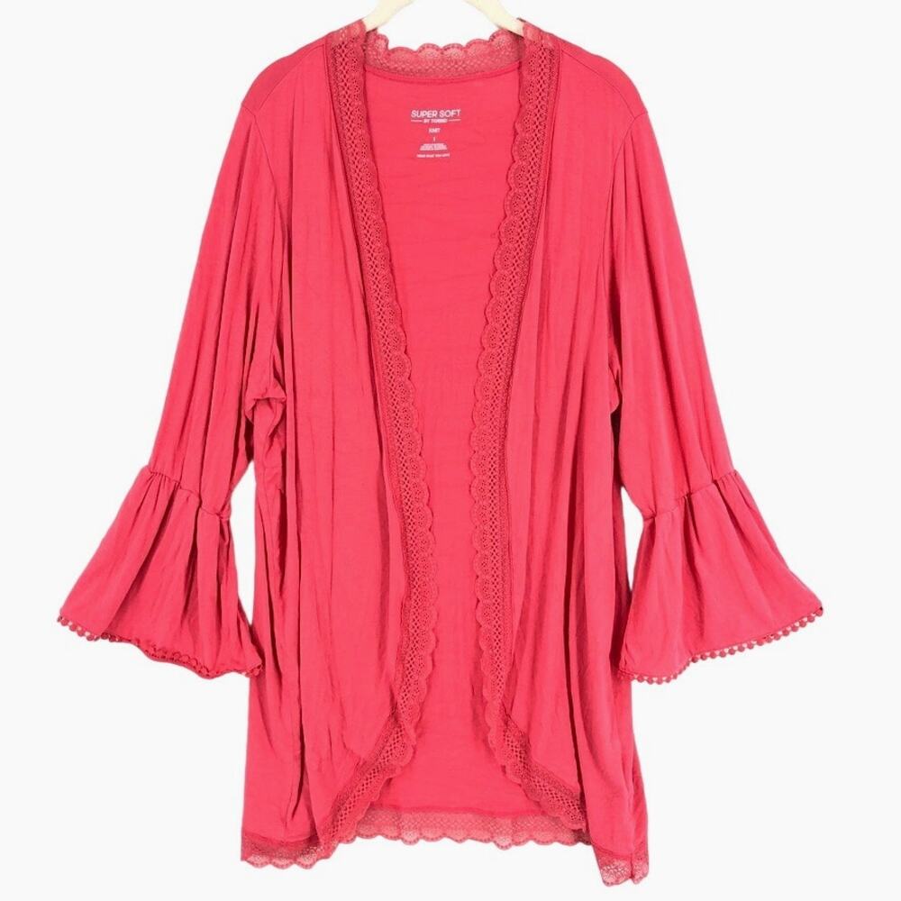Torrid Cardigan Sweater 1 1X XL Coral Pink Knit Lace Bell Sleeve Super Soft
